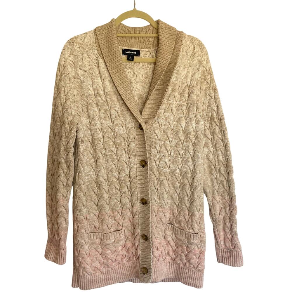 Lands' End Drifter Chunky Cable Knit Long Cardigan Womens L Heavy Fisherman Cozy